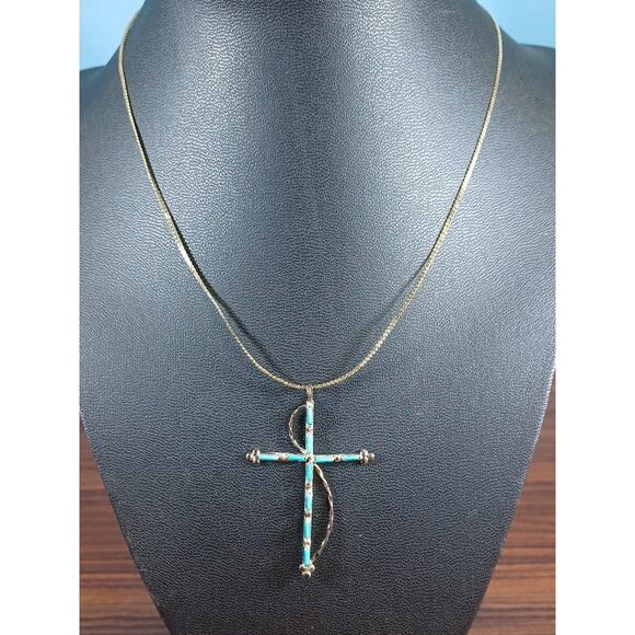 Native American Jewelry - Vintage 925 Turquoise Cross & Chain Native American Southwestern Beauty Necklace